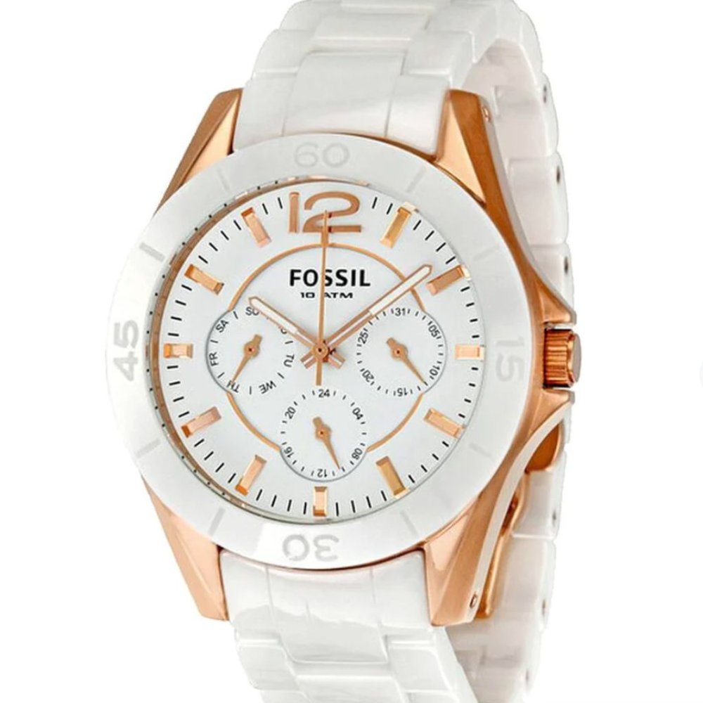 Fossil White & Rose Gold Ceramic Multi-Function Ladies Watch CE1006